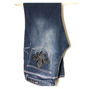 Red Rivet Rhinestone Fleur De Lis Jeans